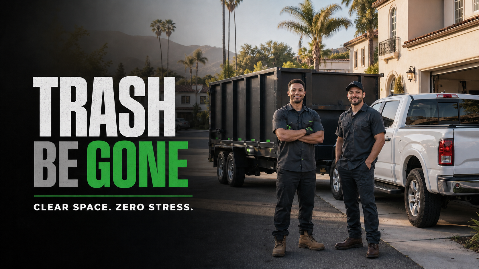 Illustrative Trash Be Gone hauling crew with a roll-off dumpster in a Southern California neighborhood